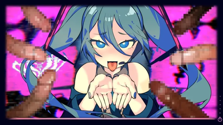 Image 1girls,female,looking_at_viewer,male,penis,tongue_out,tongue,aqua_hair,bare_shoulders,solo_focus,nail_polish,censored,censored_penis,detached_sleeves,mosaic_censoring,pov,hair_between_eyes,twintails,multiple_boys,sleeveless,sleeveless_shirt,aqua_eyes,hatsune_miku,vocaloid,pink_background,aqua_nails,own_hands_together,glitch,black_sleeves,grey_shirt,6boys,blue_border,migumight,aqua_trim,hibikase_(vocaloid)