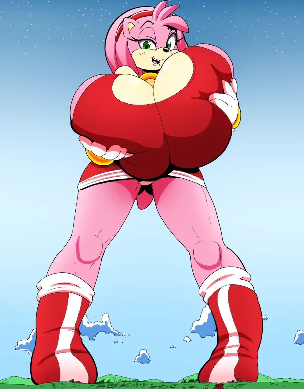 Image 1girls,breasts,female,female_only,large_breasts,gloves,furry,panties,underwear,colored,female_focus,thick_thighs,thighs,hips,cleavage,hairband,pink_hair,anthro,hyper_breasts,green_eyes,cleavage_cutout,cloud,bracelet,holding_breast,amy_rose,sega,sonic_(series),sonic_the_hedgehog_(series),star,stars,mountain,boots,pink_body,giantess,hyper,pink_fur,macro,hedgehog,hedgehog_humanoid,macro_female,giant_female,oxdaman,rabid,updress