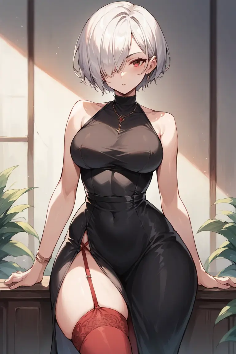 Image breasts,female,looking_at_viewer,red_eyes,white_hair,short_hair,thick_thighs,hair_over_one_eye,wide_hips,ai_generated,medium_breasts,original,original_character,black_dress