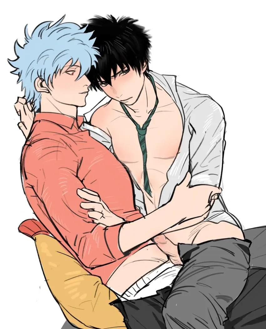 Image blush,open_shirt,white_hair,black_hair,male,penis,uncensored,erection,embarrassed,shy,2boys,male_only,yaoi,sitting,gay,alternate_version_available,light_blue_hair,sitting_on_person,necktie,sitting_on_lap,chinese_text,open_pants,penis_out,gintama,gintoki_sakata,hijikata_toshiro,sapomu4
