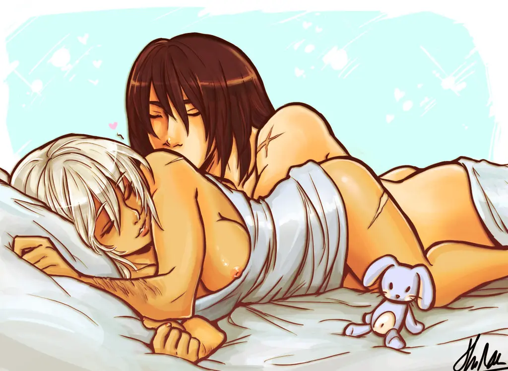 Image 1girls,breasts,female,long_hair,nipples,white_hair,1boy,male,artist_request,after_sex,nipples_visible_through_clothing,kissing,league_of_legends,scars,heart_symbol,sleeping,wholesome,cuddling,riven,talon_du_couteau