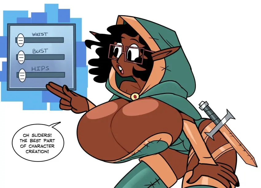 Image big_breasts,breasts,female,big_ass,wide_hips,cleavage,glasses,tagme,elf,pointy_ears,excited,dark-skinned_female,dialogue,elf_ears,elf_female,thin_waist,big_thighs,video_games,hand_on_thigh,video_game,superspoe,frizzy_hair,body_slider,slider,attribute_slider,setting,video_game_avatar,video_game_mechanics