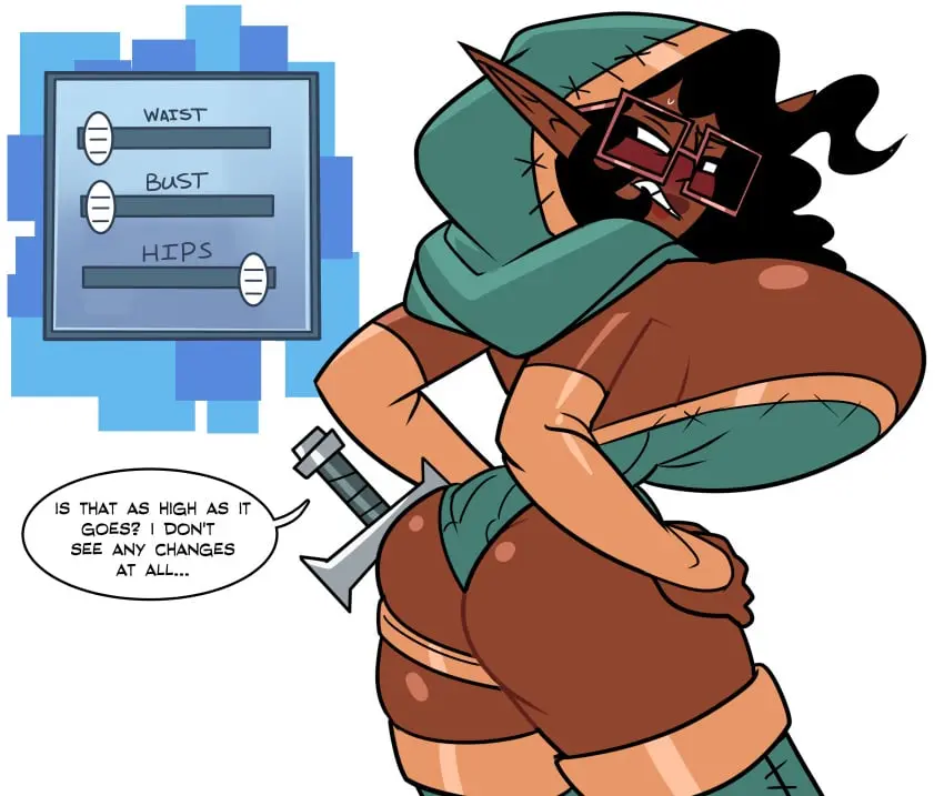 Image big_breasts,breasts,female,big_ass,wide_hips,sideboob,glasses,tagme,elf,pointy_ears,dark-skinned_female,dialogue,elf_ears,elf_female,thin_waist,video_games,hand_on_thigh,video_game,superspoe,frizzy_hair,body_slider,slider,disappointed,attribute_slider,video_game_avatar,video_game_mechanics