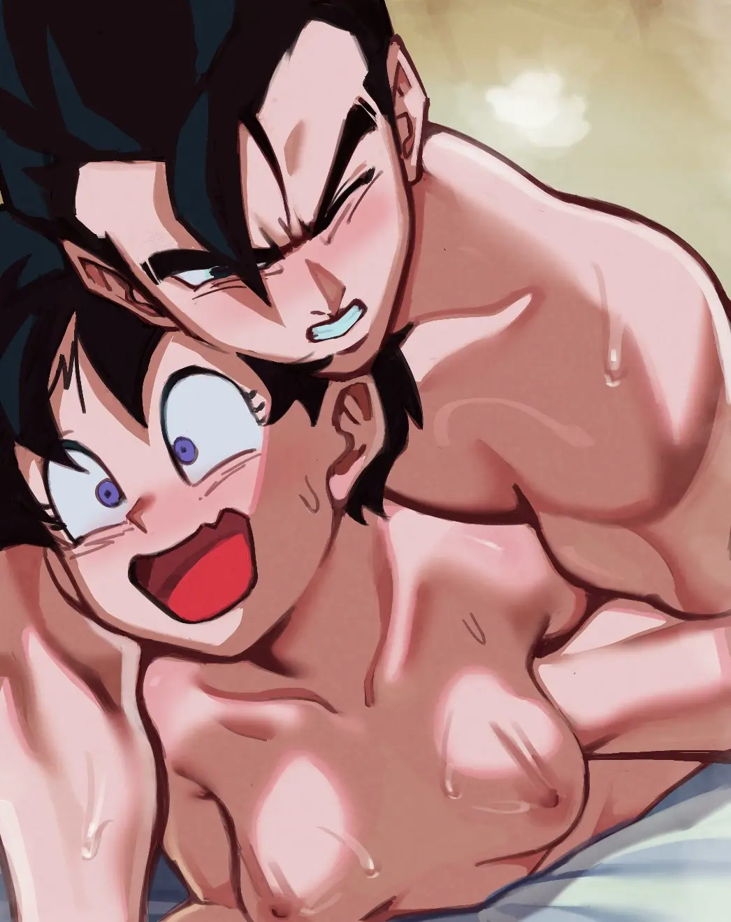 Image 1girls,blush,breasts,female,highres,open_mouth,smile,1boy,black_hair,blue_eyes,male,nude,short_hair,sweat,sex,small_breasts,muscular,muscular_male,prone_bone,from_behind,nude_female,nude_male,2d,completely_nude,one_eye_closed,canon_couple,dragon_ball,dragon_ball_z,on_bed,sweatdrop,completely_nude_female,topless,completely_nude_male,restrained,black_eyes,steaming_body,bottomless,bouncing_breasts,arm_grab,implied_sex,shocked_expression,deep_penetration,clavicle,spiked_hair,full_color,lying_on_person,boy_on_top,son_gohan,videl,roropull,videl_(short_hair),wavy_smile,all_the_way_in