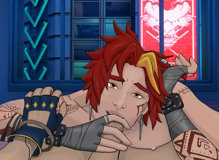 Image looking_at_viewer,gloves,male,red_hair,yaoi,fortnite,gay,pov_eye_contact,blowjob,passionate,gay_blowjob,pov_male,tattoos,lucien_west,face_closeup,pov_blowjob,lorenzo_(fortnite)