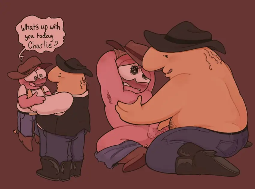 Image blush,male,male_only,yaoi,size_difference,one_eye_closed,gay,holding,undressing,overweight,overweight_male,cowboy_hat,pim_(smiling_friends),smiling_friends,charlie_(smiling_friends),mintyconolies