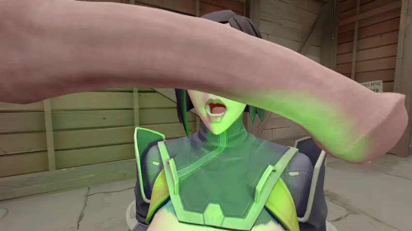 Image breasts, exposed_breasts, female, open_mouth, black_hair, penis, green_eyes, 3d, humiliation, 3d_(artwork), 3d_model, sfm, horsecock, horse, zoophilia, valorant, horse_penis, latex_suit, ranch, viper_(valorant), humiliated