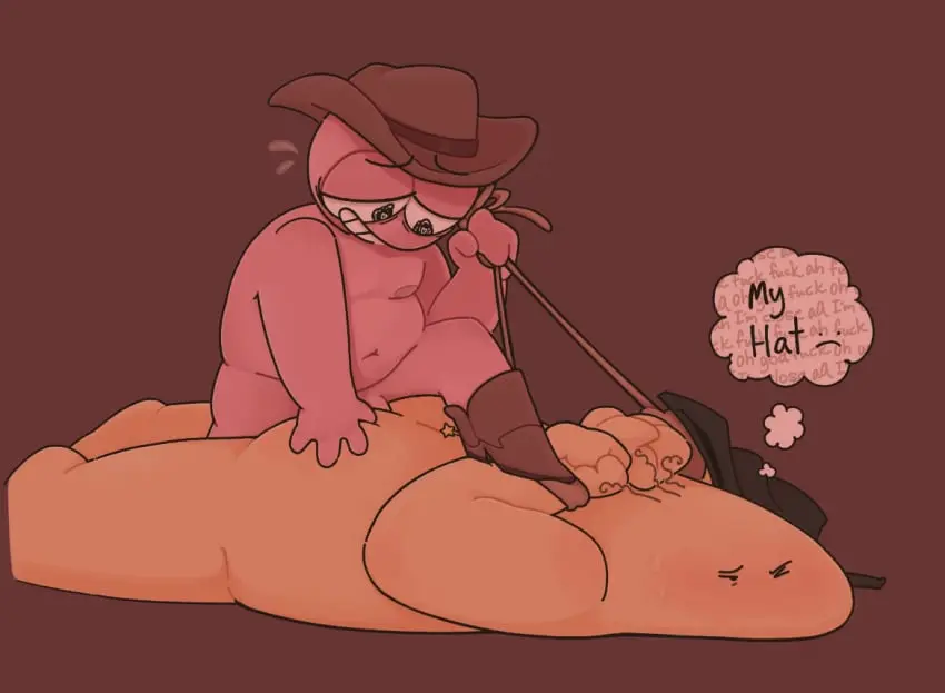 Image blush,male,anal,anal_sex,size_difference,closed_eyes,gay,gay_domination,ass_grab,overweight,gay_anal,overweight_male,cowboy_hat,stepped_on,cowboy,pim_(smiling_friends),smiling_friends,small_top_big_bottom,charlie_(smiling_friends),mintyconolies