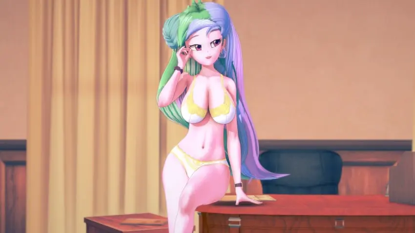 Image 1girls,big_breasts,breasts,female,female_only,human,large_breasts,solo,humanized,navel,bra,panties,underwear,cleavage,lingerie,solo_female,sitting,3d,koikatsu,equestria_girls,friendship_is_magic,hasbro,my_little_pony,princess_celestia_(mlp),principal_celestia,office,desk,hornydogo