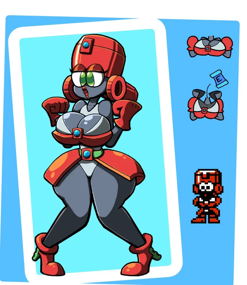 Image 1girls,female,white_background,blue_background,pixel_art,metallic_body,robot,robot_girl,white_outline,chabble,sprite,mega_man,mega_man(classic),e-tank,eddie_(mega_man)
