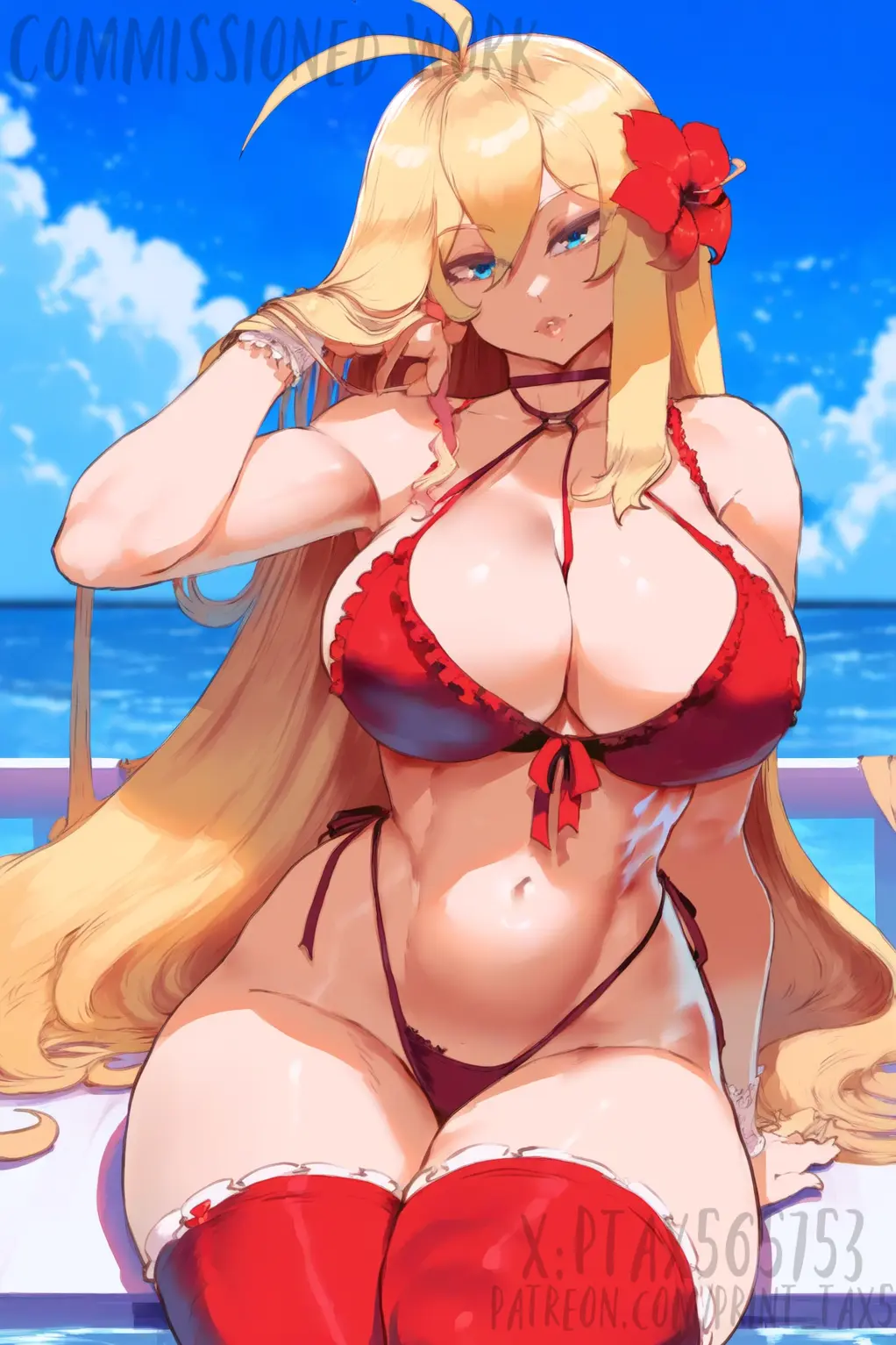 Image big_breasts,breasts,female,blue_eyes,choker,bikini,big_butt,beach,patreon_username,ai_generated,blonde_hair,voluptuous_female,bimbo,blonde_female,twitter_username,bimbo_body,thiccwithaq_(ai_style),red_bikini,print_tax5,battle_spirits,rei_ohba
