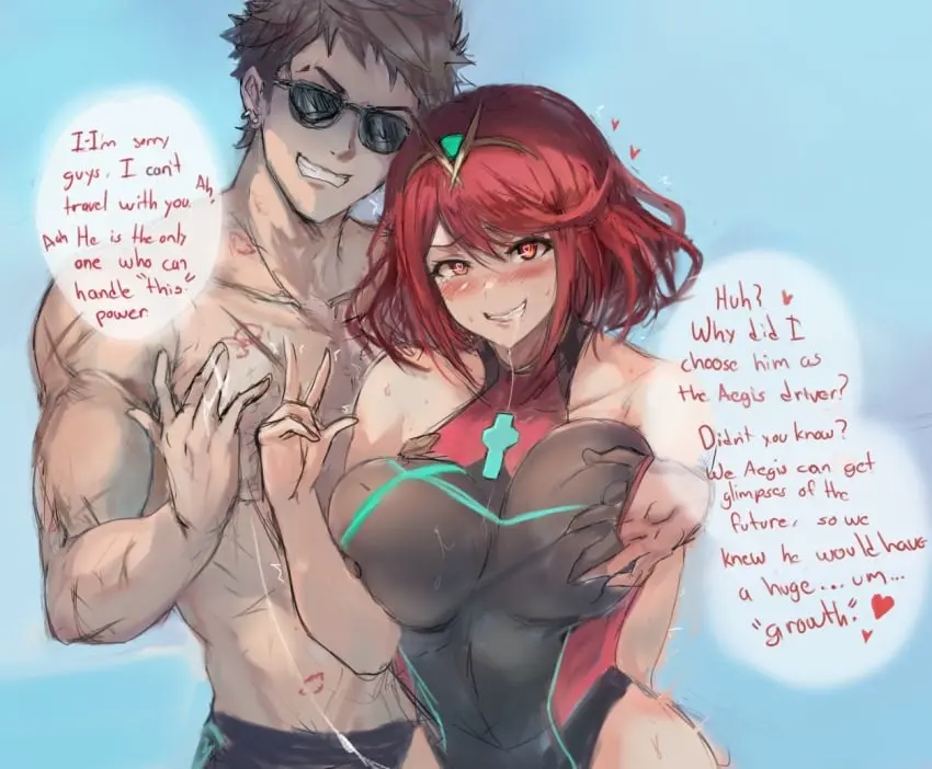 Image blush,breasts,female,large_breasts,nipples,red_eyes,standing,heart-shaped_pupils,male,short_hair,red_hair,muscular,muscular_male,beach,drooling,male/female,huge_breasts,lipstick_mark,one-piece_swimsuit,swimsuit,ahe_gao,pussy_juice,canon_couple,busty,brown_hair,saliva,trembling,nintendo,skindentation,dialogue,fingering,official_alternate_costume,alternate_costume,breast_grab,heart,dominant,dominant_male,core_crystal,pyra,xenoblade_(series),xenoblade_chronicles_2,lipstick,english_text,submissive,submissive_female,hearts_around_head,nipples_visible_through_clothing,groping,scar,highleg,femsub,saliva_drip,moaning,fingering_partner,fingering_pussy,larger_male,implied_sex,sunglasses,tiara,maledom,panting,kiss_mark,smaller_female,imminent_sex,peace_sign,fondling,fondling_breast,groping_breasts,twitching,pussy_juice_string,tremble_spikes,scars_all_over,implied_fingering,rex_(xenoblade),highleg_swimsuit,monolith_soft,drool_on_breasts,competition_swimsuit,groping_through_clothes,kiss_mark_on_chest,lipstick_mark_on_stomach,nipples_visible_through_swimsuit,terufuu
