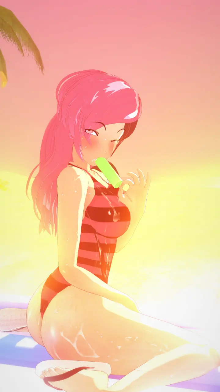 Image 1girls,female,multicolored_hair,beach,swimsuit,pose,posing,3d,wet_body,rwby,sunset,popsicle,neo_(rwby),sucking_on_popsicle,nakadashi_(artist)