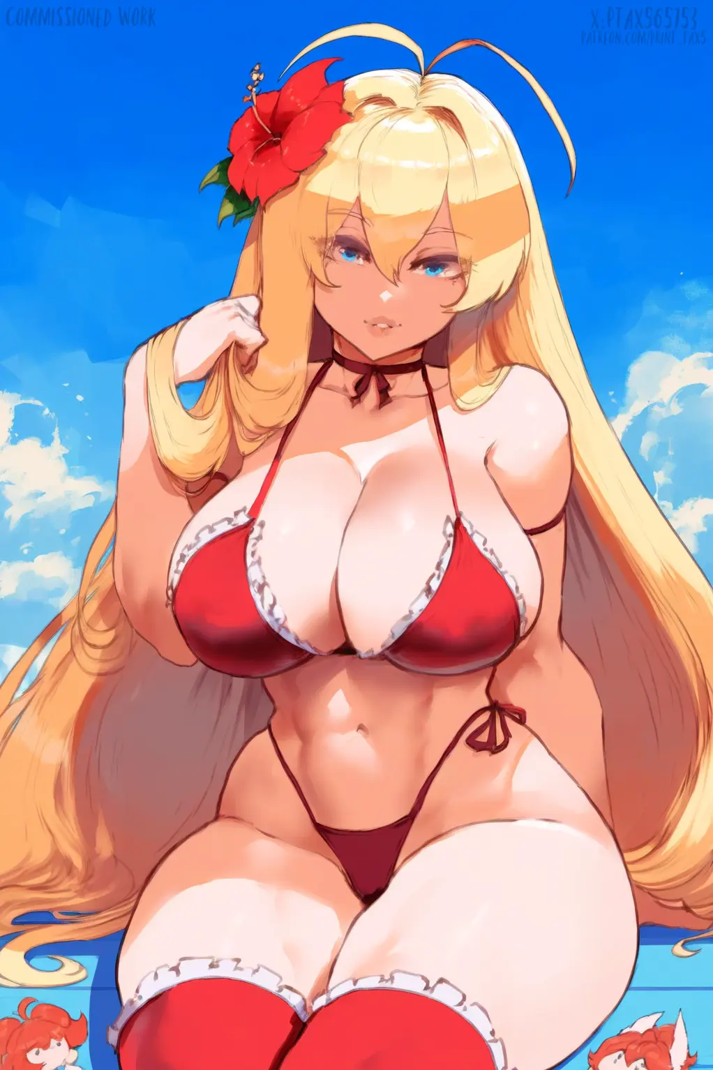 Image big_breasts,breasts,female,blue_eyes,bikini,big_butt,beach,patreon_username,ai_generated,blonde_hair,voluptuous_female,bimbo,blonde_female,twitter_username,bimbo_body,thiccwithaq_(ai_style),red_bikini,print_tax5,battle_spirits,rei_ohba