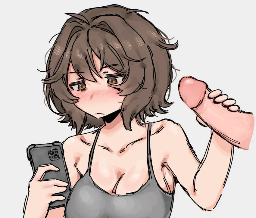 Image 1girls,blush,breasts,brown_eyes,female,highres,large_breasts,light-skinned_female,light_skin,1boy,absurdres,male,penis,sex,solo_female,solo_focus,light-skinned_male,brown_hair,handjob,disembodied_penis,tank_top,phone,tired,messy_hair,multitasking,disinterested,aki_(04119_snail),snale_(04119_snail)