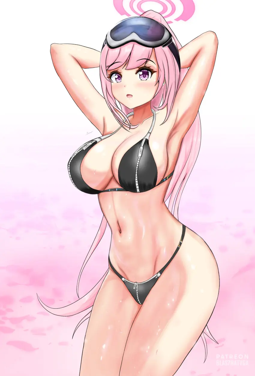 Image breasts,female,blue_archive,pink_hair,purple_eyes,outdoors,fanart,zipper,exhibitionism,blas7hatvga,eimi_(blue_archive),eimi_(swimsuit)_(blue_archive),zipper_bikini,zipper_panties