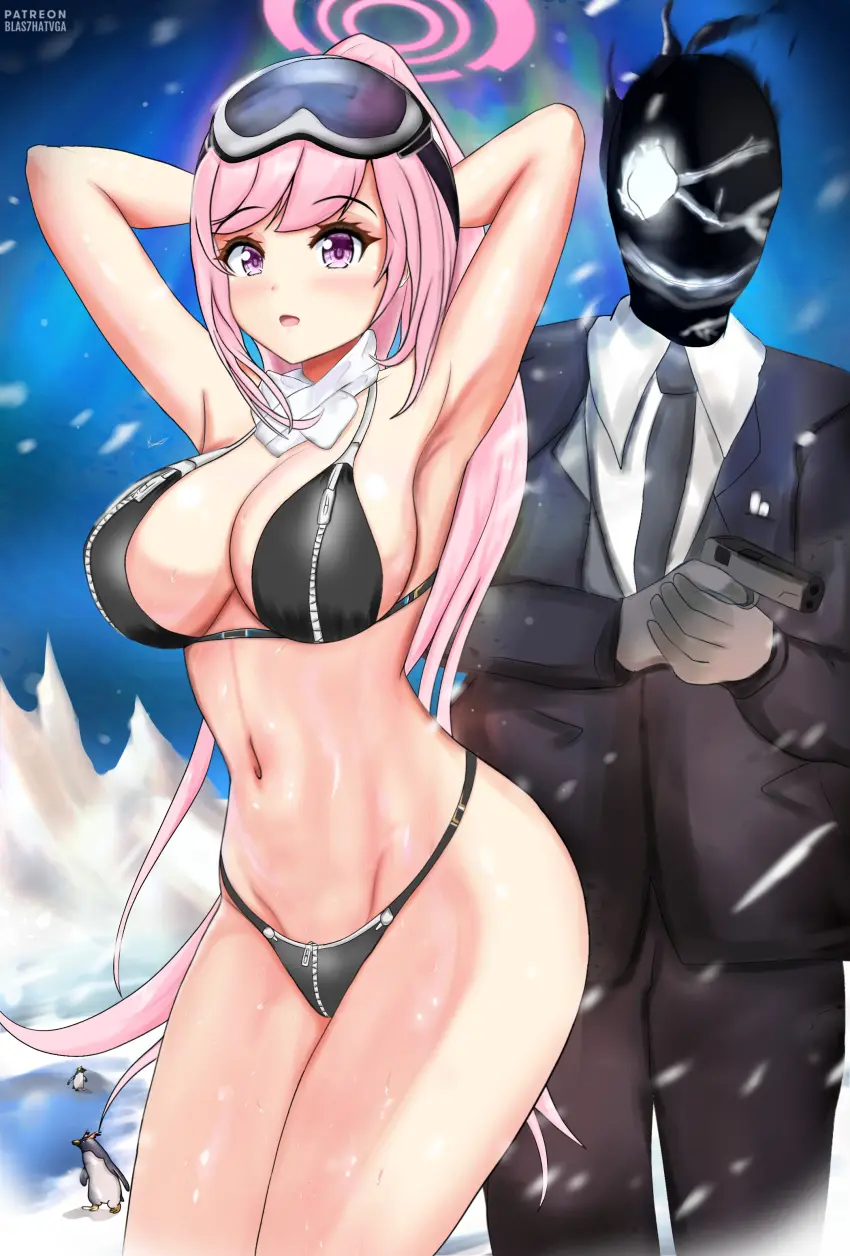 Image breasts,female,blue_archive,pink_hair,purple_eyes,outdoors,fanart,weapon,zipper,ice,penguin,gun,pistol,snow,exhibitionism,villain,arctic,blas7hatvga,eimi_(blue_archive),eimi_(swimsuit)_(blue_archive),zipper_bikini,zipper_panties