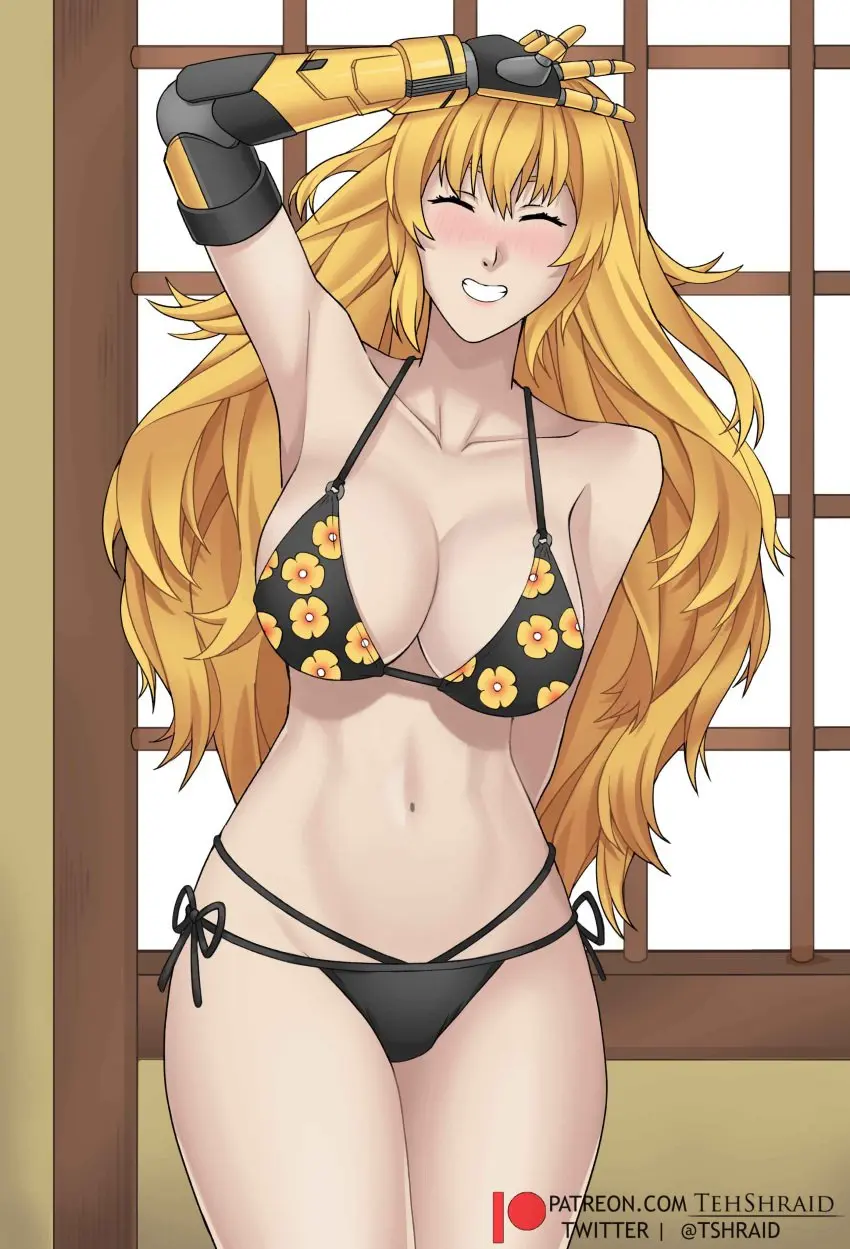 Image 1girls, blush, female, female_only, light-skinned_female, light_skin, long_hair, smile, solo, bikini, blonde_hair, purple_eyes, closed_eyes, bikini_top, black_bikini, blonde_female, bikini_bottom, yellow_hair, long_hair_female, crossover, rwby, yang_xiao_long, sono_bisque_doll_wa_koi_wo_suru, robotic_arm, flower_bikini, kitagawa_marin_(cosplay), tehshraid