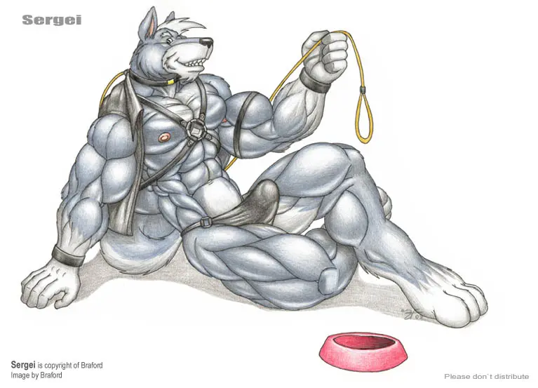 Image clothed,clothing,nipples,simple_background,solo,white_background,white_hair,blue_eyes,male,underwear,erection,muscular,muscular_male,feet,pink_nipples,grinning_at_viewer,hair,anthro,bulge,collar,canid,canine,canis,domestic_dog,fur,grey_body,grey_fur,mammal,muscular_anthro,5_fingers,black_nose,thong,white_body,leash,fingers,big_muscles,toes,topwear,white_fur,open_clothing,digitigrade,4_toes,traditional_media_(artwork),tenting,vest,container,armband,countershading,spitz,reclining,husky,nordic_sled_dog,open_topwear,harness,leather,leather_clothing,open_vest,wristband,bowl,leather_topwear,braford,leather_harness,pet_bowl,leather_vest,sergei_(braford)