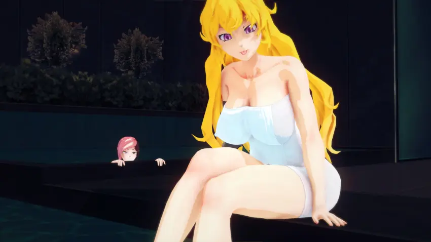 Image female,long_hair,2girls,tongue_out,multicolored_hair,blonde_hair,purple_hair,3d,nipples_visible_through_clothing,blonde_female,long_hair_female,rwby,yang_xiao_long,neo_(rwby),towel_around_waist