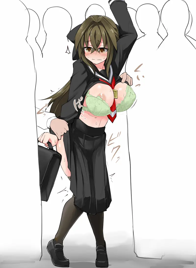 Image 1girls,breasts,female,large_breasts,schoolgirl,school_uniform,shirt_lift,molestation,skirt_lift,crowd,crowded