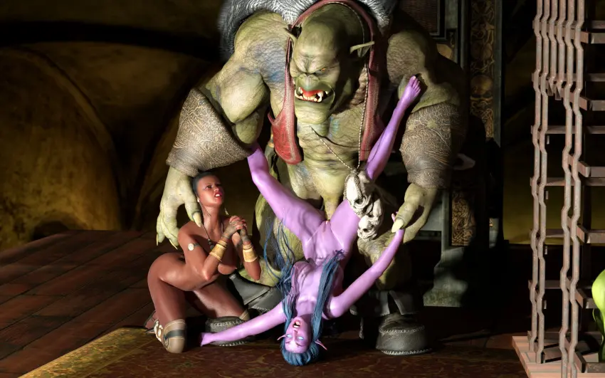 Image female,human,1boy,2girls,blue_hair,male,sex,barefoot,dark_skin,feet,size_difference,purple_skin,night_elf,warcraft,world_of_warcraft,dark-skinned_female,3d,blizzard_entertainment,tyrande_whisperwind,zuleyka