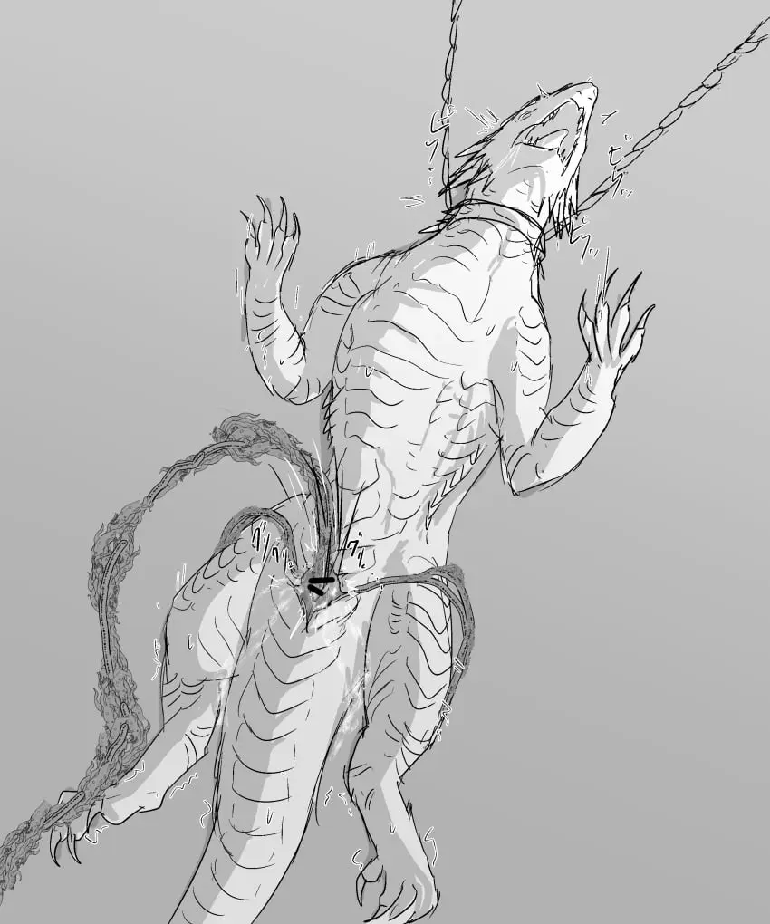 Image female,solo,legs_apart,scalie,grey_background,monsterverse,chained_up,shimo_(kaiju)