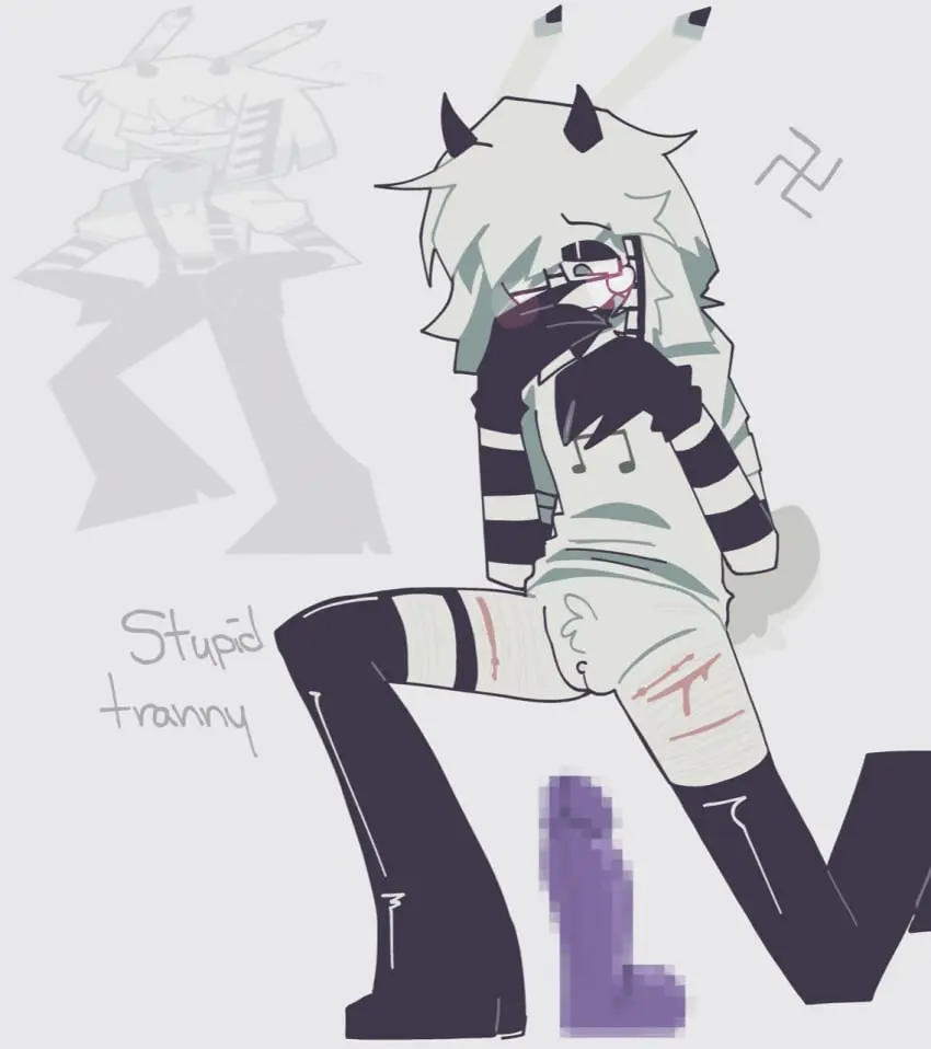 Image blush,solo,white_background,white_hair,black_gloves,blue_eyes,male,thighhighs,white_skin,intersex,kneeling,horns,solo_focus,glasses,crying,censored,looking_down,blood,white_shirt,bottomless,dildo,crying_with_eyes_open,white_body,cuntboy,imminent_penetration,glasses_on_head,fluffy_tail,nervous,twink,blushing,white_tail,cuntboy_focus,black_horns,fundamental_paper_education,cuntboy_only,solo_cuntboy,innie_pussy,skinny_male,imminent_vaginal,covering_mouth,latex_thighhighs,small_tail,kneehighs,self_harm,cutting,purple_dildo,swastika,deer_tail,on_one_knee,bleeding,imminent_masturbation,slur,musical_note,cutting_self,black_eyelids,mister_demi_(fundamental_paper_education),stubby_tail,before_masturbation,censored_dildo,healed_cuts,healed_scars
