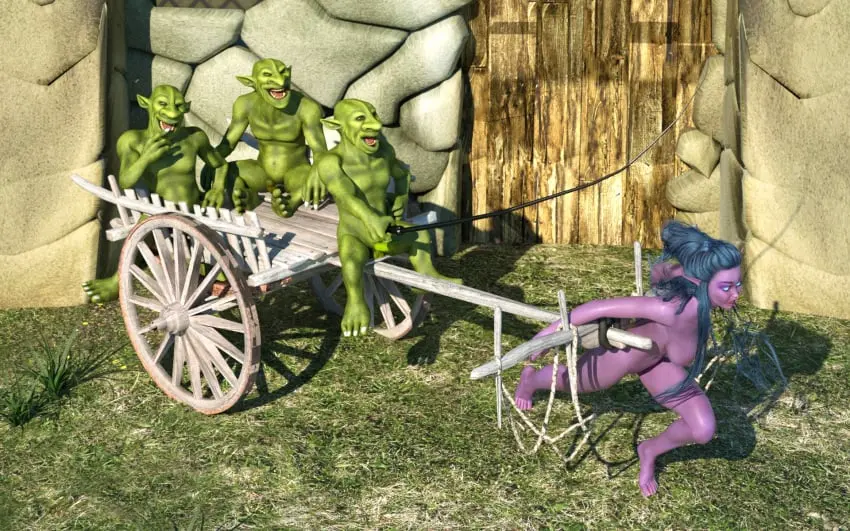 Image 1girls,female,blue_hair,male,purple_skin,green_skin,night_elf,warcraft,world_of_warcraft,3d,3boys,blizzard_entertainment,goblin,slave,tyrande_whisperwind,whipping,zuleyka,goblin_(warcraft),pulling_carriage