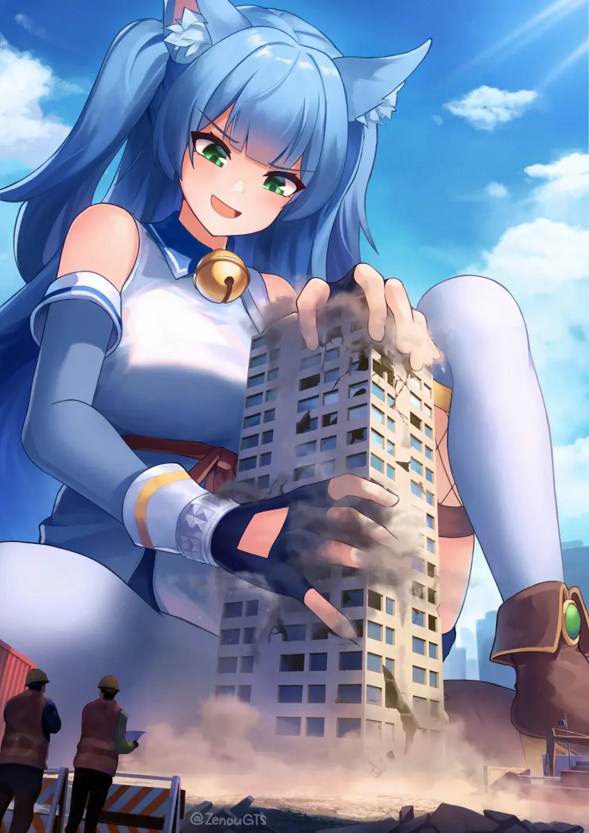 Image 1girls,female,open_mouth,smile,blue_hair,cat_ears,catgirl,green_eyes,sitting,commission,giantess,destruction,building,zenougts
