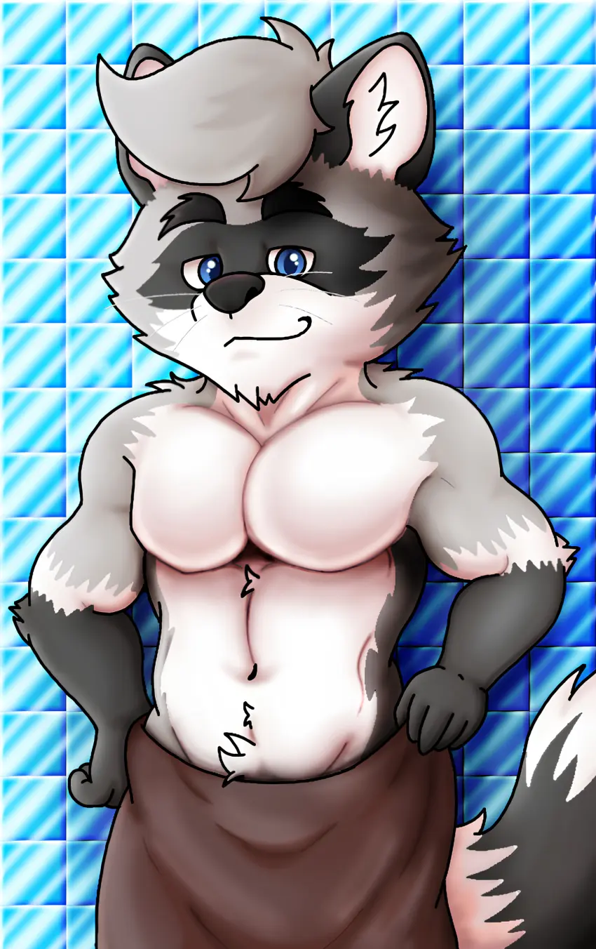 Image big_breasts,breasts,looking_at_viewer,blue_eyes,male,muscular,muscular_male,male_only,yaoi,bara,grey_body,grey_fur,mammal,bathroom,towel,raccoon,male_focus,muscles,procyonid,hair_tuft,rjquaty,bathroom_tiles,bathroom_wall,pache_riggs_(character),riggs_(pache_riggs)