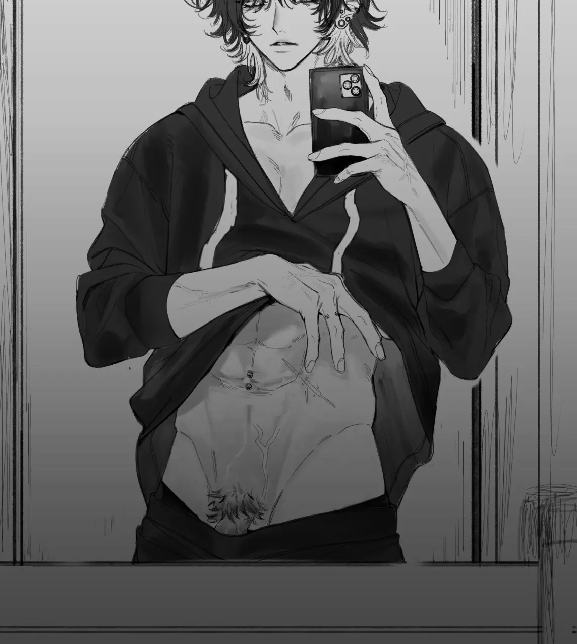 Image highres,pants,solo,1boy,male,penis,multicolored_hair,veins,muscular,collarbone,piercing,parted_lips,original,medium_hair,pubic_hair,monochrome,male_pubic_hair,upper_body,sleeves_rolled_up,two-tone_hair,ear_piercing,clothes_lift,shirt_lift,holding,male_focus,abs,hood,scar,navel_piercing,hoodie,fingernails,pectorals,holding_phone,phone,twink,toned,penis_peek,greyscale,messy_hair,pectoral_cleavage,mirror,groin,clothes_pull,bishonen,reflection,toned_male,mirror_selfie,pants_pull,black_hoodie,scar_on_stomach,88in,finger_piercing