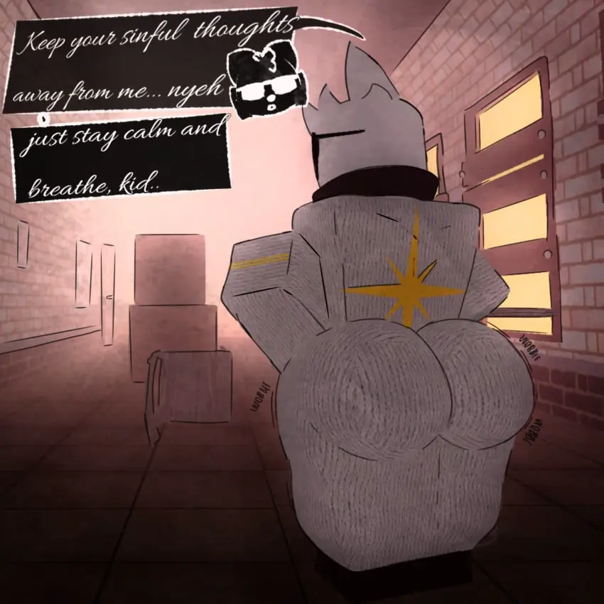 Image solo,1boy,male,furry,big_butt,femboy,glasses,1femboy,3d,text_bubble,white_fur,talking_to_viewer,domestic_cat,roblox,robloxian,lighting,black_text,long_dress,priest,hallway,adult_male,no_tail