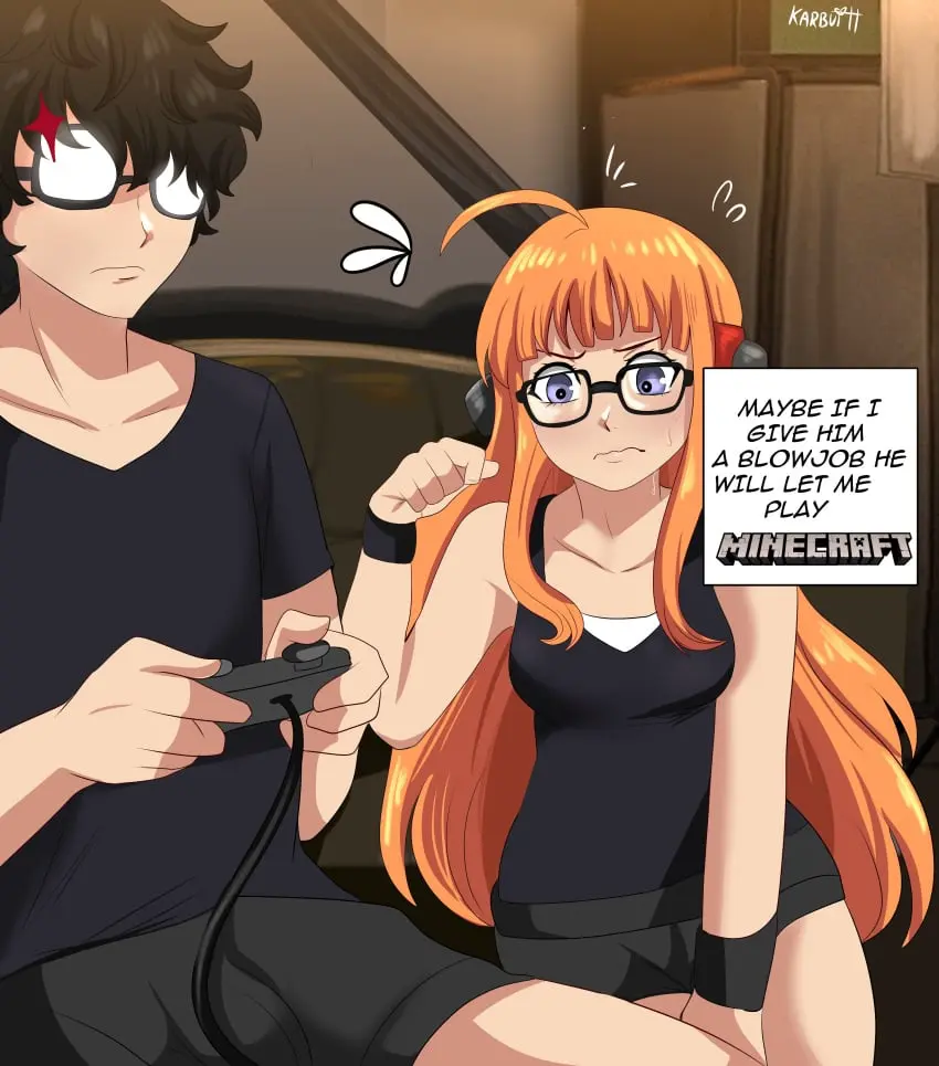 Image 1girls,clothed,female,1boy,black_hair,blue_eyes,male,orange_hair,glasses,text,sitting,minecraft,dialogue,speech_bubble,persona,sofa,persona_5,ren_amamiya,funny,sakura_futaba,karbuitt
