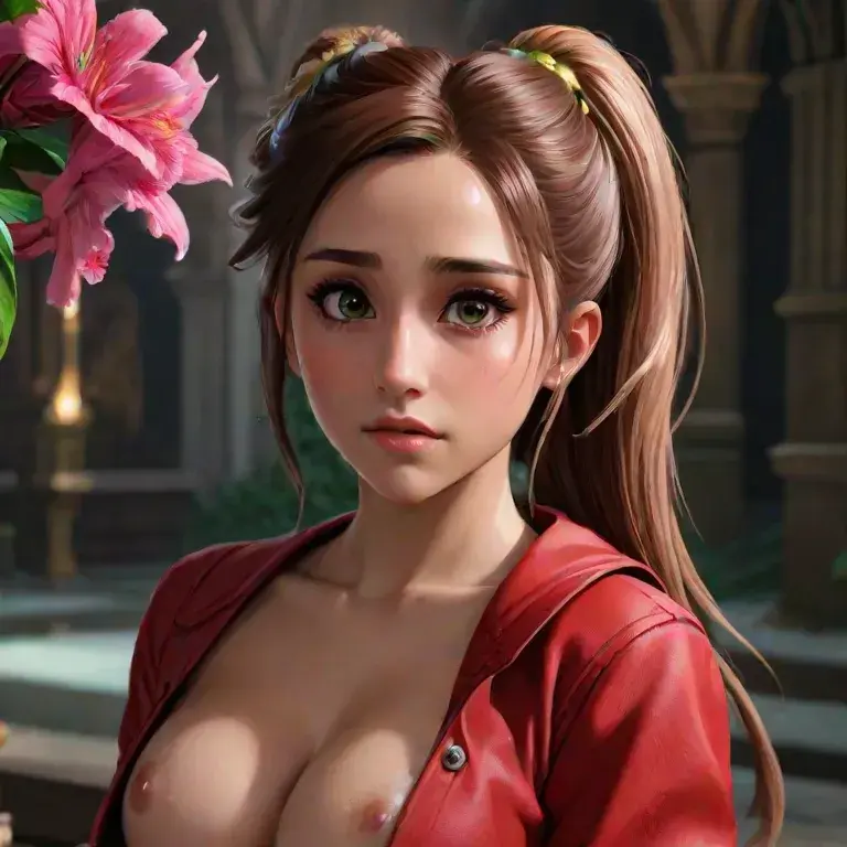 Image 1girls,breasts,breasts_out,female,looking_at_viewer,nipples,ai_generated,green_eyes,brown_hair,jacket,final_fantasy,final_fantasy_vii,final_fantasy_vii_remake,church,square_enix,ai,jacket_open,celebrity,final_fantasy_vii_rebirth,red_jacket,flowers,ariana_grande,aerith_gainsborough_(cosplay)