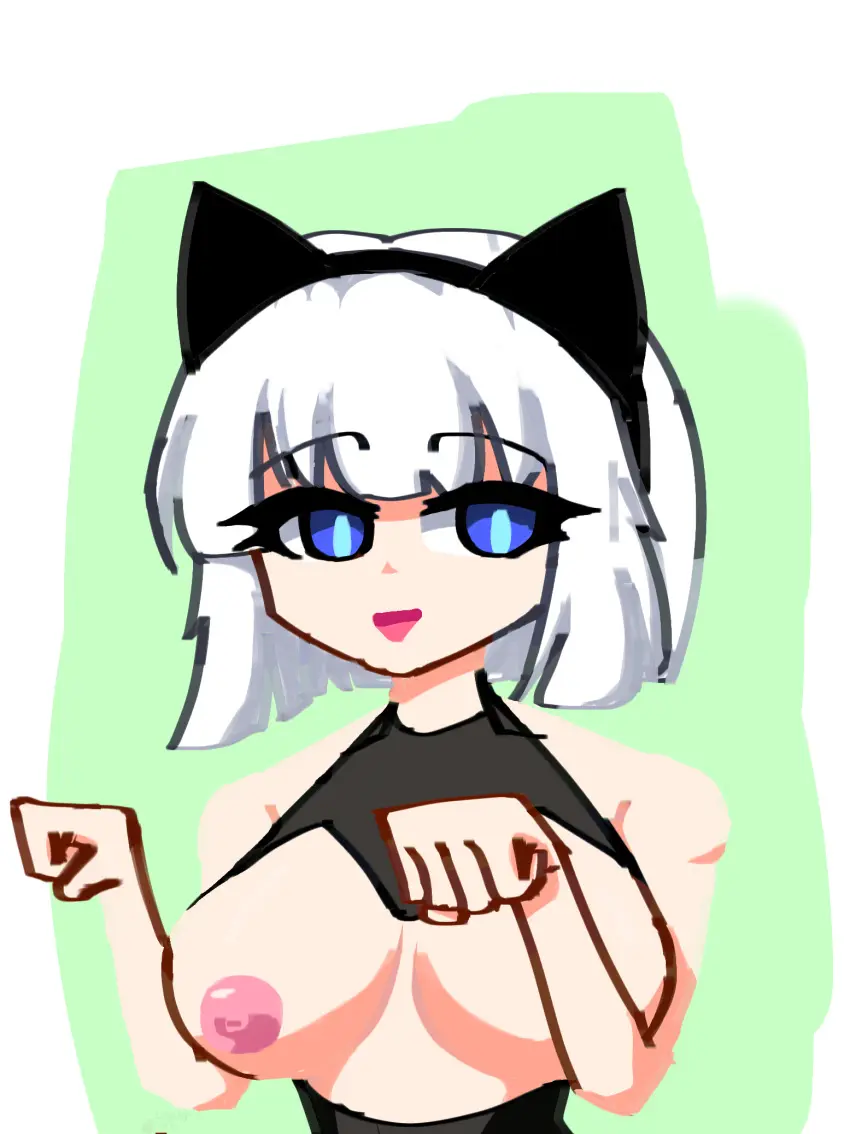 Image breasts,breasts_out,female,female_only,looking_at_viewer,solo,touhou,white_background,white_hair,bangs,blue_eyes,female_focus,cat_ears,catgirl,solo_female,solo_focus,presenting_breasts,bob_cut,barely_clothed,youmu_konpaku,cascabelp