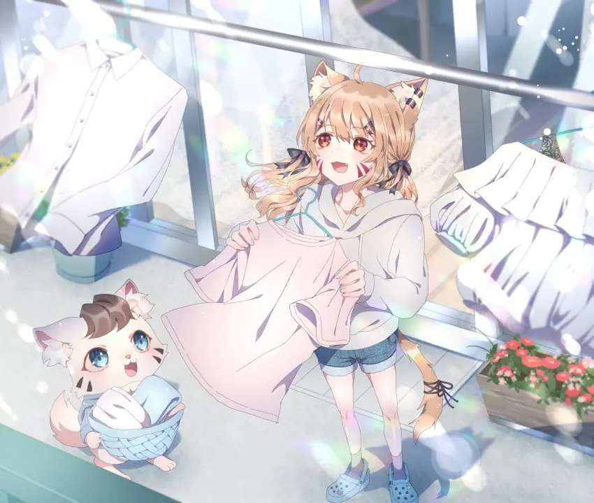 Image 1girls,blush,bow,breasts,female,long_hair,long_sleeves,looking_at_viewer,open_mouth,red_eyes,shirt,smile,solo,standing,animal_ears,bangs,blue_eyes,tail,animal_ear_fluff,cat_ears,catgirl,virtual_youtuber,eyebrows_visible_through_hair,blonde_hair,brown_hair,cat_tail,ahoge,hair_between_eyes,fangs,flower,fox_ears,fox_tail,:d,shorts,hood,hoodie,blurry,blurry_background,depth_of_field,vyugen,rain,short_shorts,sneakers,striped,cat,face_markings,hair_bow,hood_down,blurry_foreground,squchan_(vtuber)