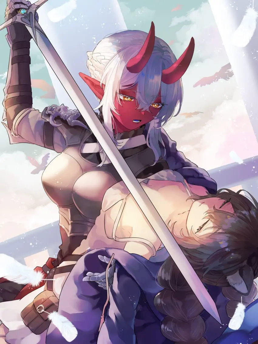Image female, white_hair, yellow_eyes, virtual_youtuber, horns, red_skin, scars, akumi, oni, oni_horns, vyugen