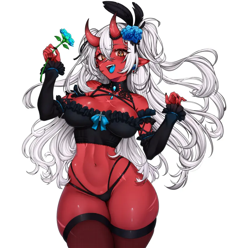 Image 1girls, big_breasts, breasts, female, white_hair, yellow_eyes, thick_thighs, virtual_youtuber, horns, red_skin, scars, g-string, akumi, oni, oni_horns, vyugen, red_body