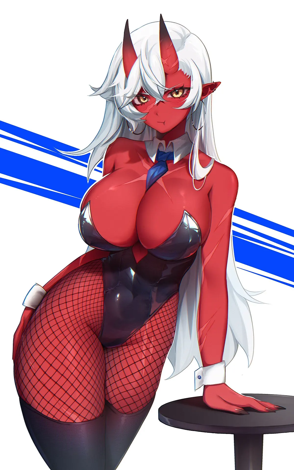 Image female, white_hair, yellow_eyes, virtual_youtuber, horns, red_skin, scars, akumi, oni, oni_horns, vyugen, yoclesh