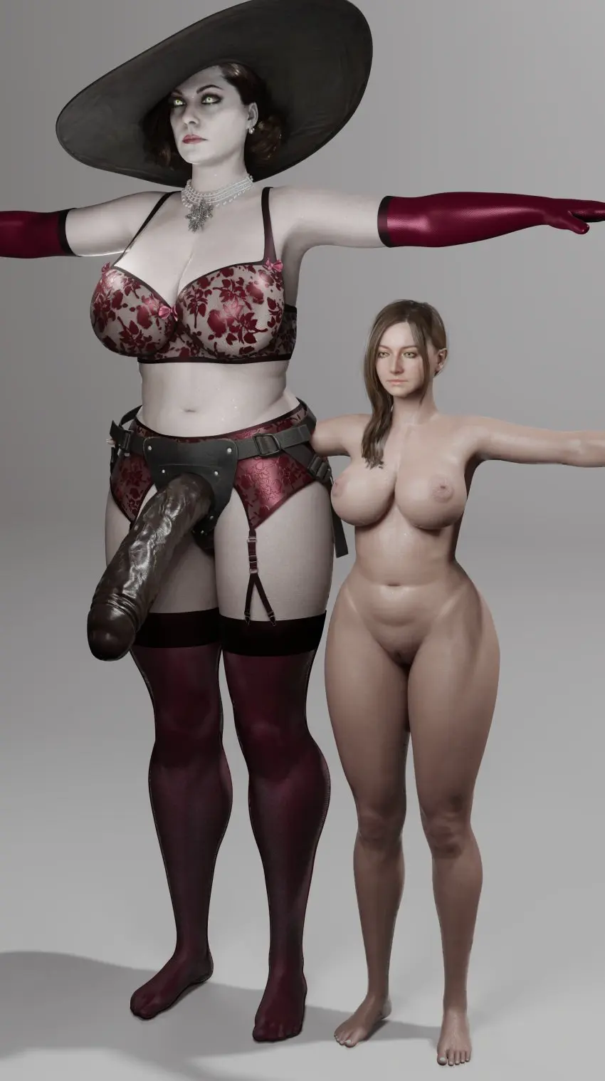 Image big_breasts, breasts, female, long_hair, no_bra, white_background, 2girls, nude, short_hair, thighhighs, thighs, blonde_hair, naked, 3d, glowing_eyes, vampire_girl, no_panties, strap-on, giantess, black_dildo, garter_straps, resident_evil, mia_winters, resident_evil_8:_village, alcina_dimitrescu, 1monster, big_hat, t-pose, dom3d