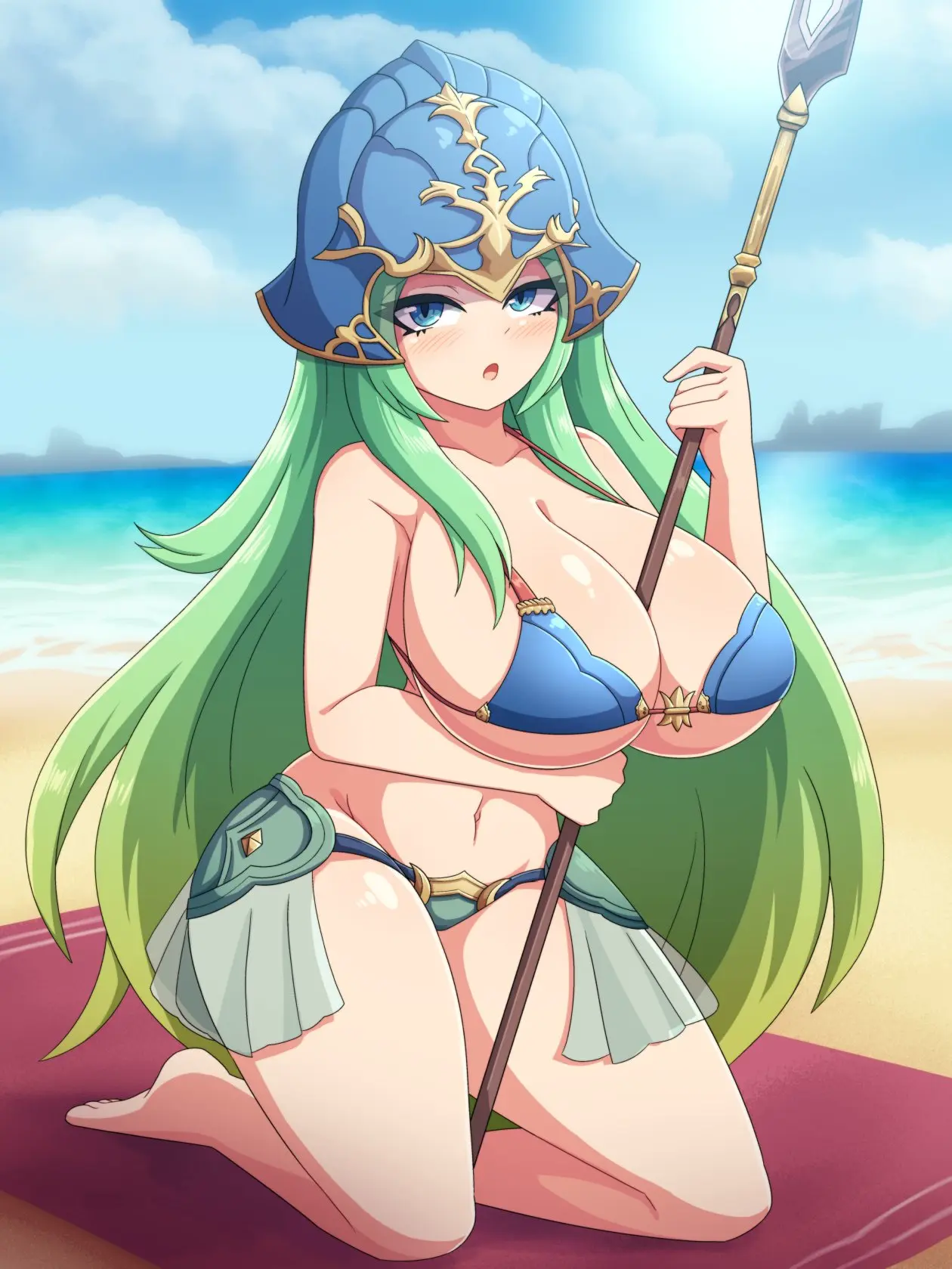 Image 1girls,blush,breasts,female,female_only,highres,long_hair,looking_at_viewer,solo,very_long_hair,blue_eyes,navel,bikini,kneeling,beach,ocean,cleavage,sideboob,underboob,huge_breasts,swimsuit,nintendo,outdoors,green_hair,revealing_clothes,holding,blue_bikini,blue_swimsuit,fire_emblem,skimpy_clothes,full_body,holding_weapon,weapon,day,between_breasts,helmet,holding_polearm,polearm,horizon,fire_emblem:_path_of_radiance,nephenee_(fire_emblem),showgirl_skirt,vadaboob