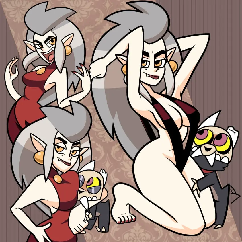Image 1girls,breasts,female,grey_hair,white_hair,1boy,male,navel,big_ass,disney,earrings,white_skin,multicolored_hair,wide_hips,cleavage,medium_breasts,one-piece_swimsuit,pointy_ears,disney_channel,red_dress,oerba_yun_fang,thin_waist,big_thighs,g-string,hugging,the_owl_house,black_fur,witch_(the_owl_house),witch,amber_eyes,black_swimsuit,eda_clawthorne,king_clawthorne,superspoe,hugging_legs,face_on_breast,head_against_breast