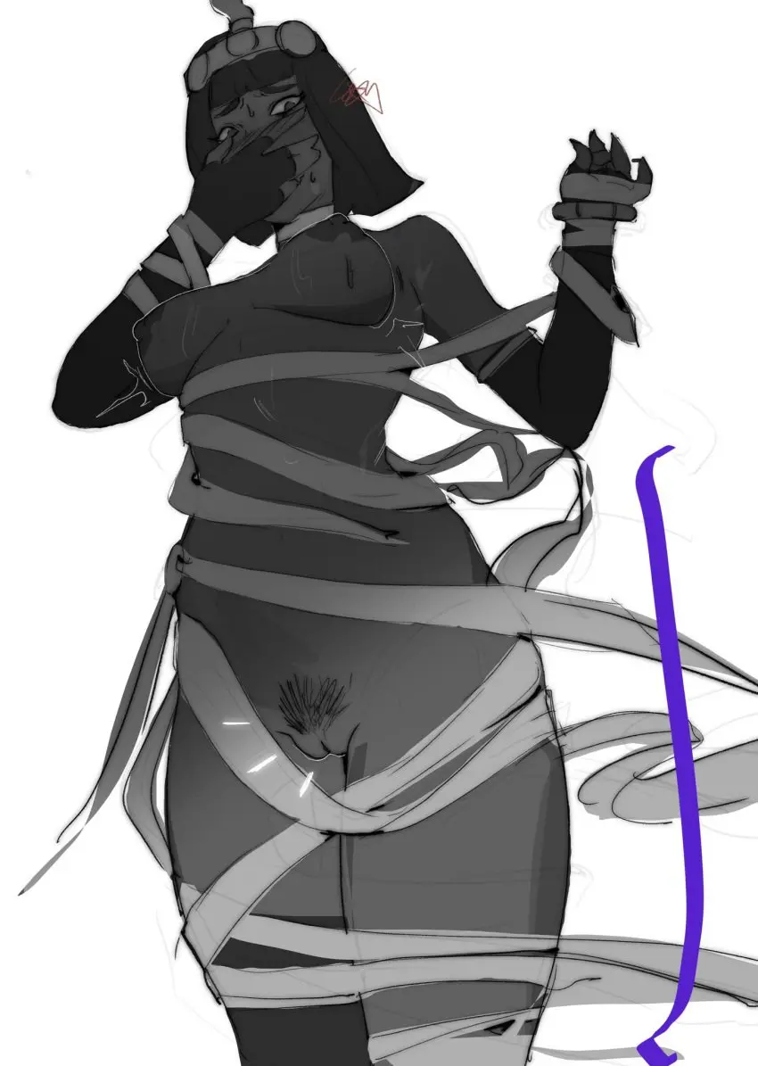 Image breasts,female,pussy,pubic_hair,monochrome,egyptian,wardrobe_malfunction,street_fighter,bob_cut,tape,menat_(street_fighter),usurper2001