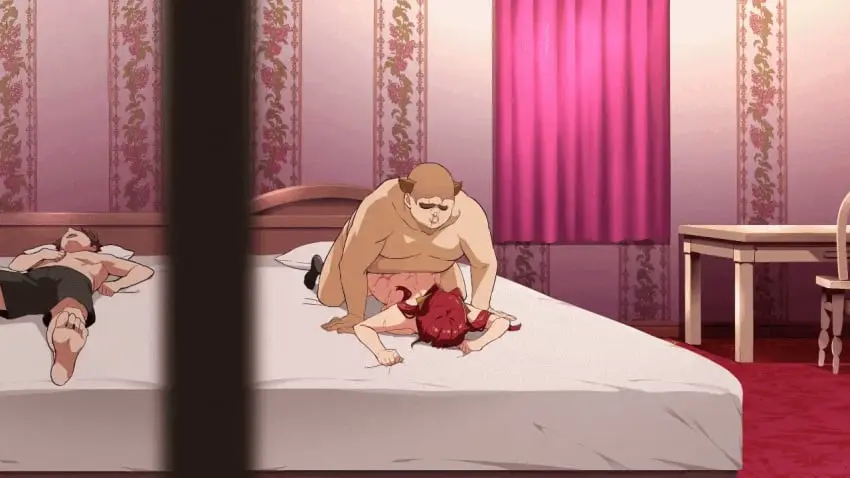 Image 1girls,big_breasts,breasts,female,shiny_skin,male,red_hair,big_ass,sex,2boys,ambiguous_penetration,2d,naked,indoors,animated,fat_male,legwear,old_male,younger_female,cheating,netorare,ntr,naked_male,older_penetrating_younger,age_difference,older_male,cheating_girlfriend,arika_(bakunyuu_party),bakunyuu_party,lord_bonner_(bakunyuu_party),takeda_hiromitsu,biting_sheets