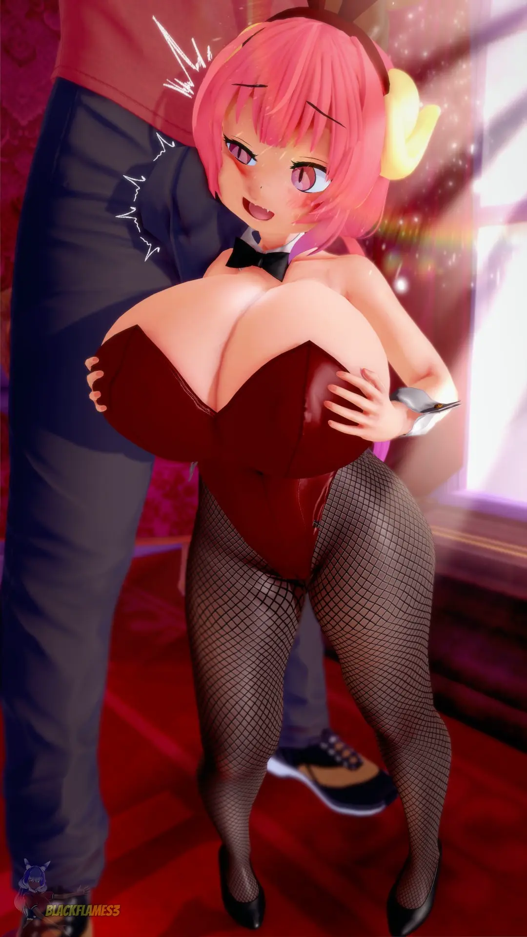 Image breasts,female,male,female_focus,dark-skinned_male,interracial,horns,size_difference,huge_breasts,pink_hair,breasts_bigger_than_head,pink_eyes,3d,bulge,erection_under_clothes,bunnysuit,shortstack,grabbing_own_breast,imminent_sex,miss_kobayashi's_dragon_maid,ilulu_(dragon_maid),blackflames3
