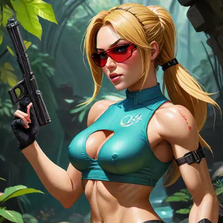 Image 1girls,female,nipples,blue_eyes,ponytail,ai_generated,blonde_hair,nintendo,nipples_visible_through_clothing,sunglasses,tinted_eyewear,cosplay,square_enix,metroid,samus_aran,ai,jungle,gun,tomb_raider,red-tinted_eyewear,red_sunglasses,green_top,lara_croft_(cosplay)