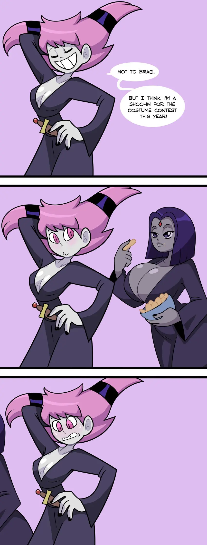 Image big_breasts,breasts,female,female_only,smile,2girls,black_hair,hand_on_head,multiple_girls,big_ass,small_breasts,voluptuous,multicolored_hair,wide_hips,smiling,embarrassed,cleavage,pink_hair,text,pink_eyes,purple_eyes,purple_hair,hand_on_hip,alternate_breast_size,emotionless,skinny,thin_waist,dc,dc_comics,english_text,big_thighs,small_waist,halloween,teen_titans,grey_skin,eating,food,small_ass,raven_(dc),jinx_(dc),jealous,eating_food,halloween_costume,superspoe,insecure,chips,nachos