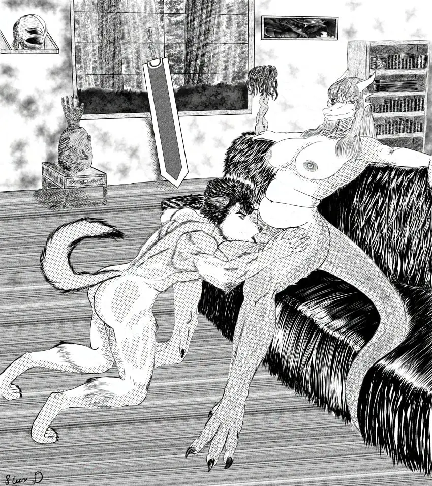 Image female,hi_res,male,futanari,intersex,male/female,anthro,mythology,absurd_res,canid,canine,canis,mammal,wolf,scalie,mythological_creature,dragon,mythological_scalie,intersex/male,berserk,griffith,guts_(berserk)