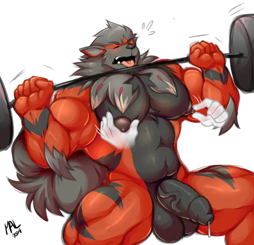 Image hi_res,open_mouth,simple_background,solo,white_background,male,nude,penis,pokemon,pokemon_(species),tail,tongue_out,tongue,humanoid_penis,muscular,male_only,balls,anthro,nintendo,genital_fluids,bodily_fluids,fur,genitals,grey_body,grey_fur,precum,muscular_anthro,pecs,thick_penis,orange_body,precum_drip,male_focus,dripping,humanoid_genitalia,fluffy,fluffy_tail,orange_fur,generation_8_pokemon,big_pecs,hisuian_form,regional_form_(pokemon),disembodied_hand,nipple_fetish,nipple_pinch,nipple_play,pinch,exercise,barbell,workout,weightlifting,arcanine,nipple_grab,hisuian_arcanine,mal_lock